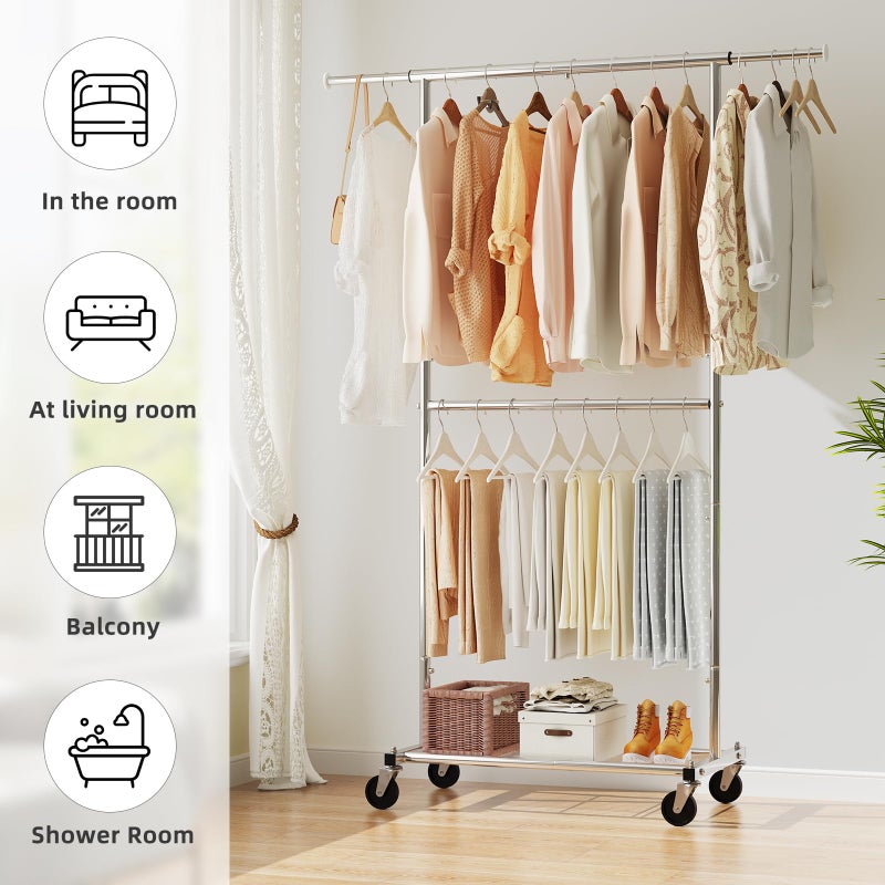 Simple Trending Standard Clothing Garment Rack, Rolling Clothes Organizer with Wheels and Bottom Shelves, Extendable, Chrome - Image 2